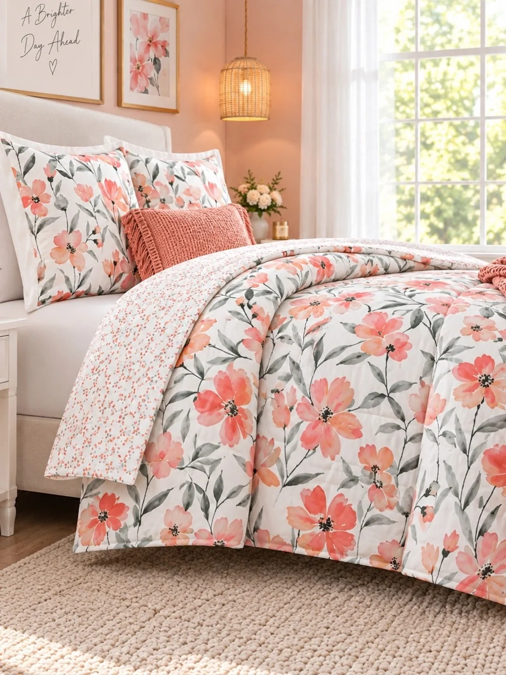 Denise King Floral 3 Piece Comforter Set Coral Peach Green New